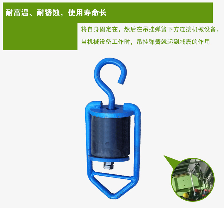 吊掛彈簧將自身固定在，然后在吊掛彈簧下方連接機械設備， 當機械設備工作時，吊掛彈簧就起到減震的作用